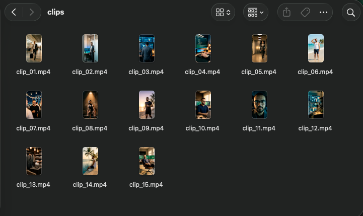 Clips de vídeo gerados pelo pipeline