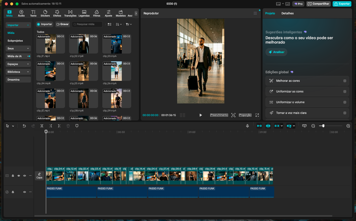 Timeline montada no editor de vídeo